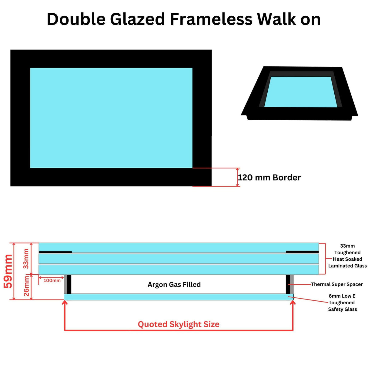 1000 x 2500 mm Frameless Walk-on Skylight.