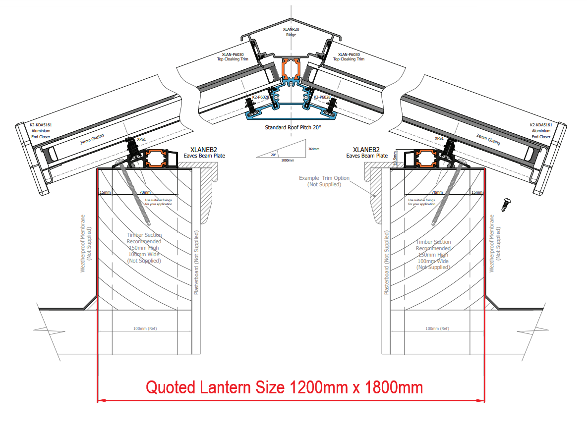 1200 x 1800 mm Stratus Aluminium Roof Lantern Style 2 (Traditional).