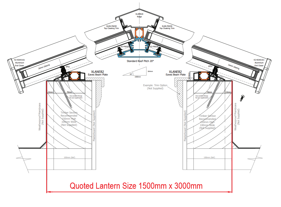 1500 x 3000 mm Stratus Aluminium Roof Lantern Style 2 (Traditional).