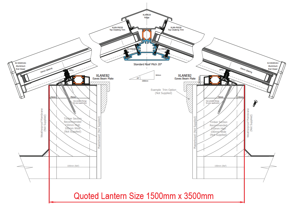 1500 x 3500 mm Stratus Aluminium Roof Lantern Style 3 (Traditional).
