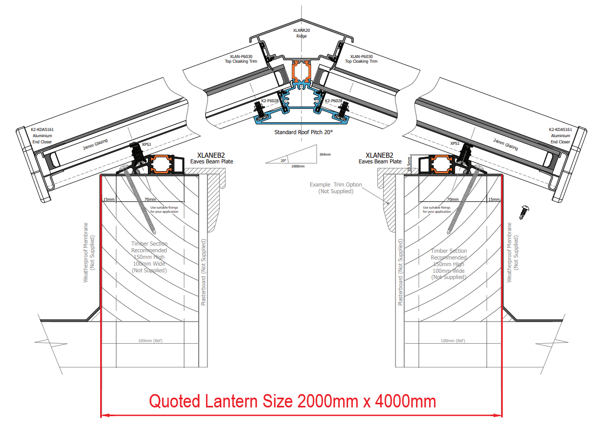 2000 x 4000 mm Stratus Aluminium Roof Lantern Style 5 (Traditional).