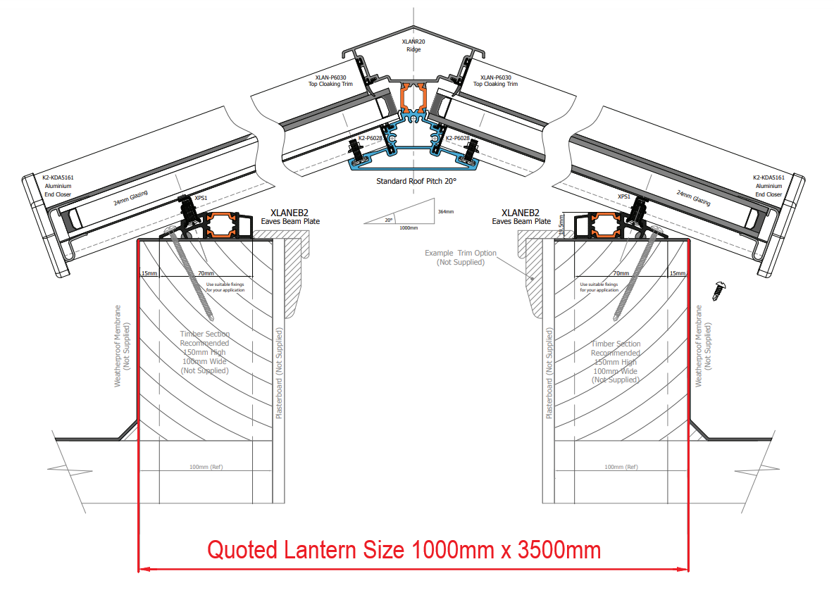 1000 x 3500 mm Stratus Aluminium Roof Lantern Style 7 (Traditional).
