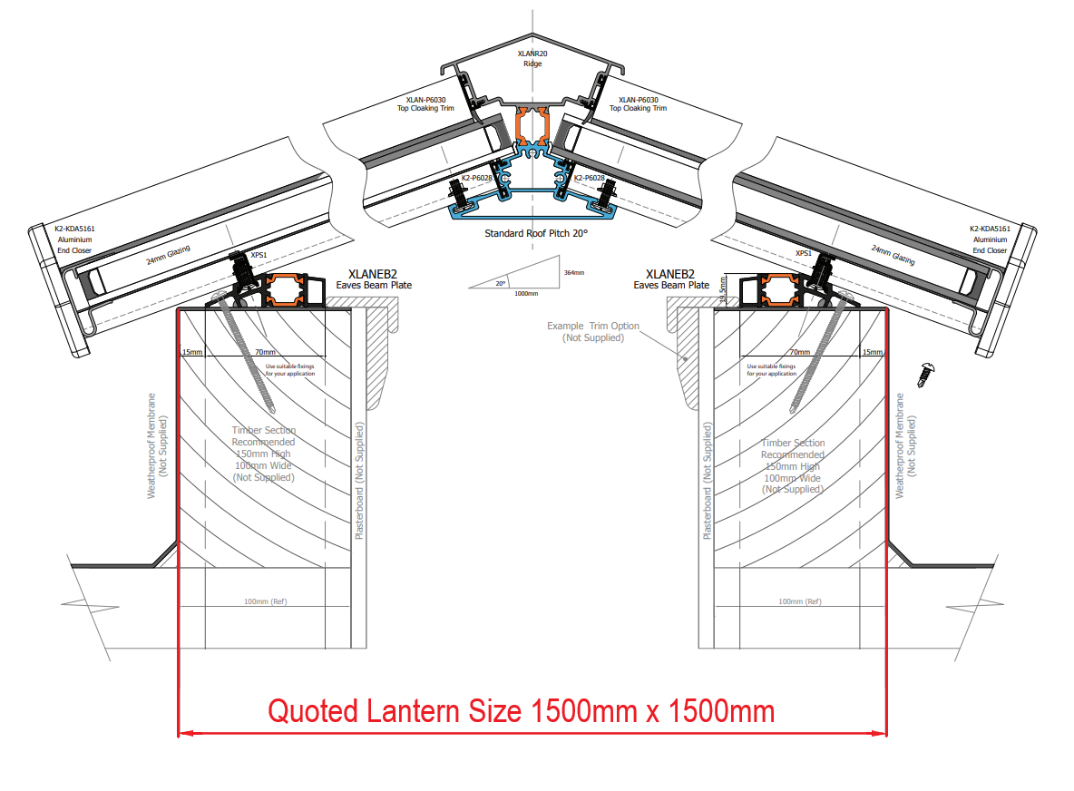 1500 x 1500 mm Stratus Aluminium Roof Lantern Style 8 (Pyramid).